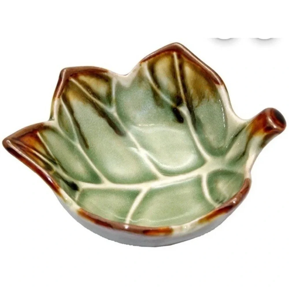 2 Mini Leaf Bowls Table Smalls Salt Condiments Dipping Dish Brown Green EC